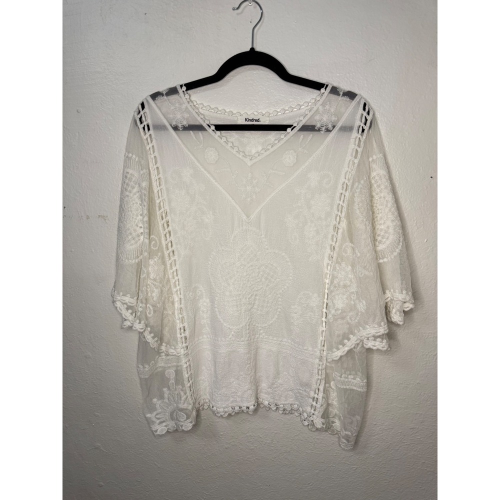 Kindred Women's 1X White Embroidered Tunic Top Boho Flowy Sheer